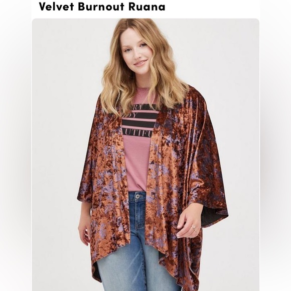 Torrid Burnout Velvet Ruana, women’s plus one size velvet open front kimono/wrap - Picture 1 of 8